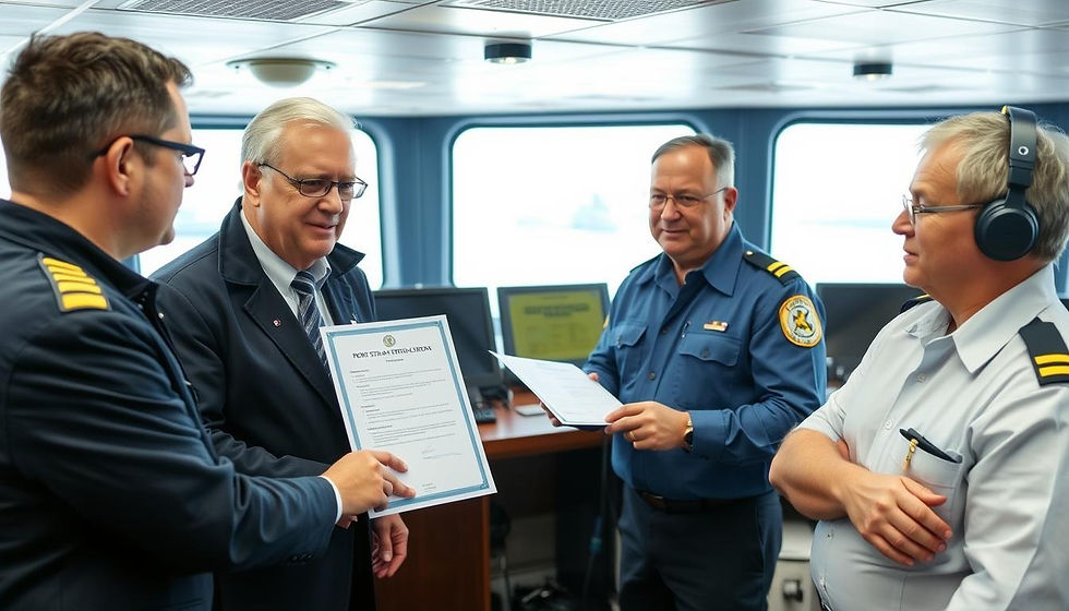 PSC inspectors and Ship's Officers discuss the findings of the recent inspection on the ship's bridge, reviewing documents and ensuring compliance.