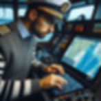 A navigation officer attentively charts a course using the Electronic Chart Display and Information System (ECDIS) aboard a modern ship.