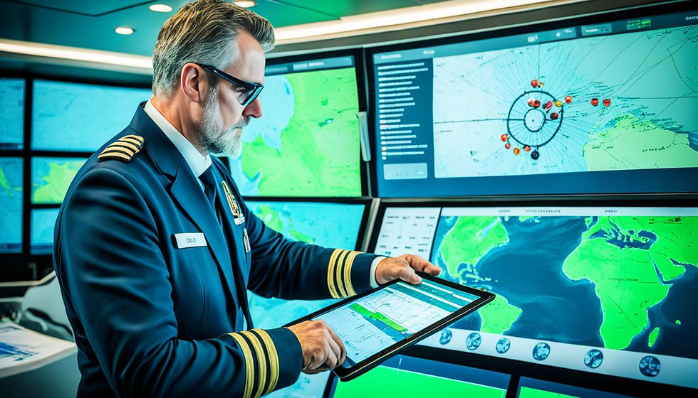 A ship's captain planning the voyage on ECDIS