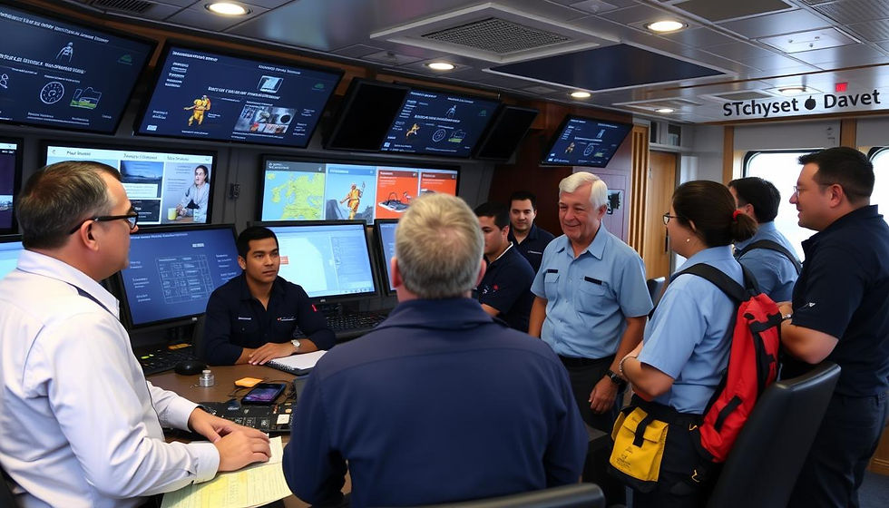 Seafarers in a modern ship’s control room, engaged in safety management activities, surrounded by digital displays showing safety protocols, emergency equipment, and training materials