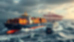 Innovative ships navigating through rough seas, advanced technology in shipping containers, green energy solutions like wind turbines and solar panels integrated into port infrastructure