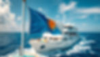 A vibrant ship in the open ocean, proudly displaying its' flag, with its distinctive blue, orange, and white colors fluttering in the wind