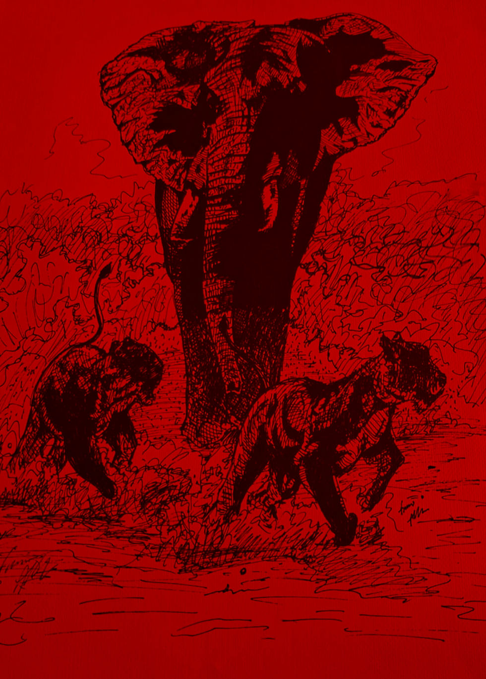 A baby elephant walking through grass, tinted entirely in red. The elephant's trunk curls as it moves forward, creating a striking visual effect.