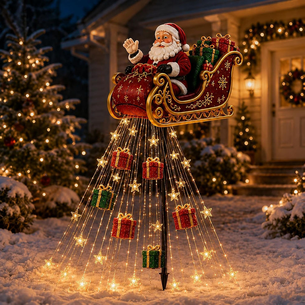 Exhibición navideña de trineo volador de Papá Noel, efecto de luz en cascada cálido, iluminación alimentada por energía solar Sobre este artículo Exhibición navideña del trineo de Santa Claus: cuenta con Papá Noel volando en un detallado trineo rojo y dorado sobre regalos brillantes, estrellas y detalles de copo de nieve, creando una escena navideña en capas para jardines, porches y entradas. Efecto de luz en cascada cálido: Las luces doradas se extienden hacia abajo desde el trineo para...