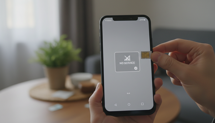 Eye-level view of a hand holding a SIM card beside a disconnected phone
