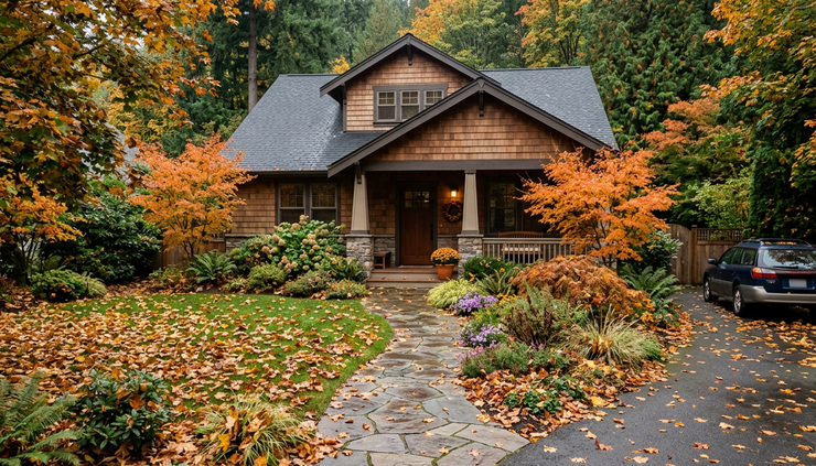 Wide-angle view of a front yard covered with autumn leaves before a cleanup.