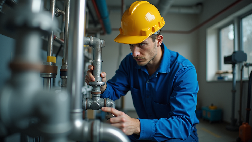 Eye-level view of a plumbing technician inspecting pipes