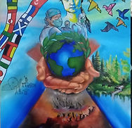 I made this painting about climate change, as you can see starting from top I made greta thunberg who is climate protection activist and below her I made doctors who helped us through these hard times. to the right of them there are birds or more specifically paper birds who represent the hope growing in the course. On the bottom you can see that the world rose from all the destruction and now it's in the hands of people who are trying to make it a better place although there's still evil present. on the side is the nature representing freedom.