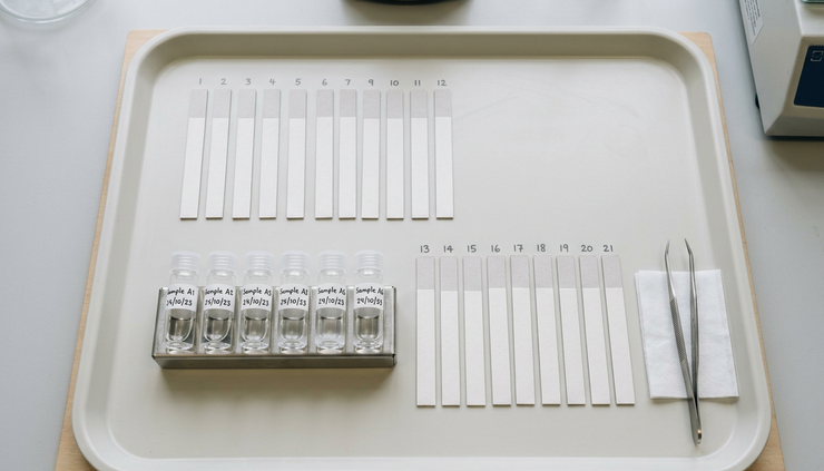 Top-down view of coated paperboard strips and transparent sample vials on a laboratory tray