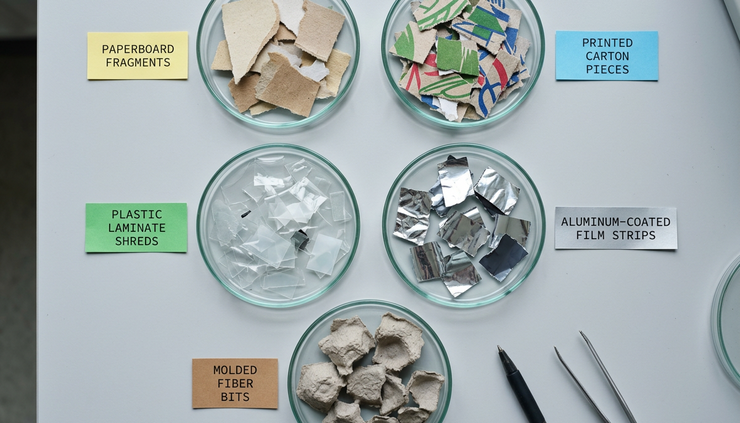 Overhead view of small packaging fragments sorted by material type