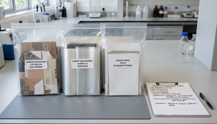 Eye-level view of sealed packaging samples ready for shipment to a laboratory