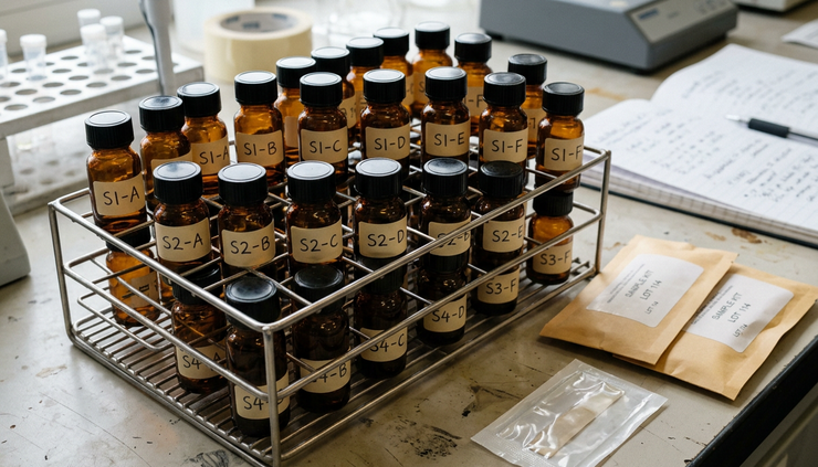 Close-up of amber laboratory vials prepared for fluorine and PFAS analysis