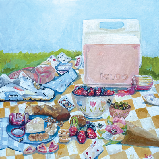 "Picnic" Still-life painting of cooler, fruits, cheese tray and Nike shoes created by Chicago Artist The Brie Show 