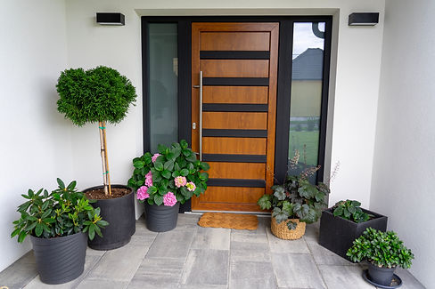 Entrance of a modern house gray wooden door white walls and flower pots with plants .jpg