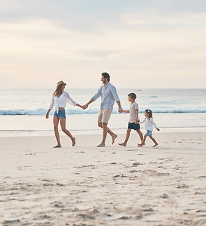 Beach, travel and holding hands with family, bonding and happy adventure by ocean on blue