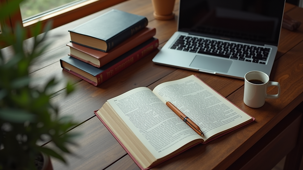 High angle view of a legal research workspace with books and a laptop