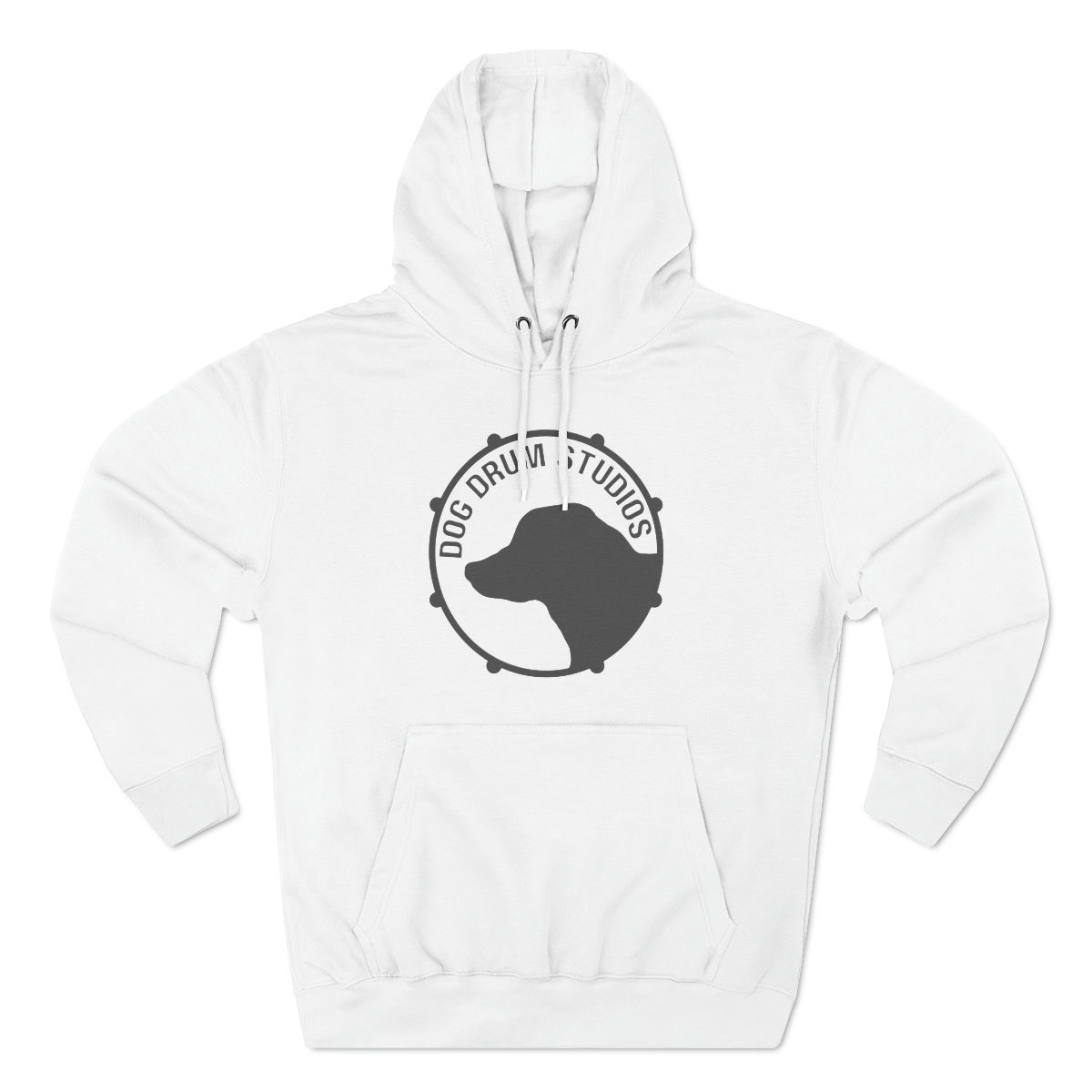 Black Dog Drum Studios logo on white hoodie.