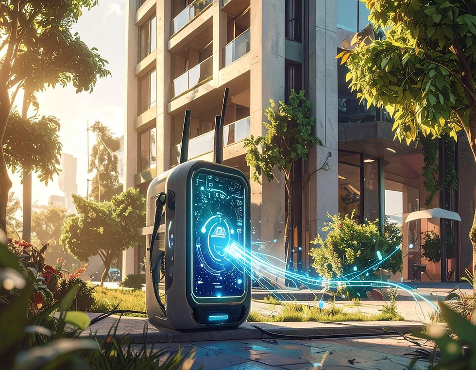 Generiert durch KI (Adobe Firefly), Prompt: A modern building with a LoRaWAN gateway in the foreground – wireless digitization meets realistic, slightly futuristic architecture in a green setting.
