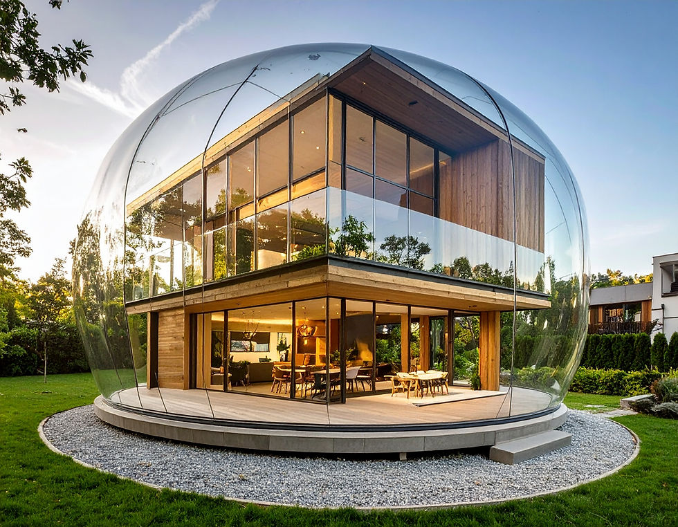 Generiert durch KI, Prompt: Generate a transparent shell that fully encloses a building. The building itself is made of natural materials, while at the same time appearing modern.
