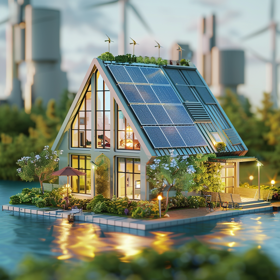 Ein Gebäude mit großen Fenstern und Solar auf dem Dahc. Im Hintergrund sind große Gebäude und Windräder abgebildet.