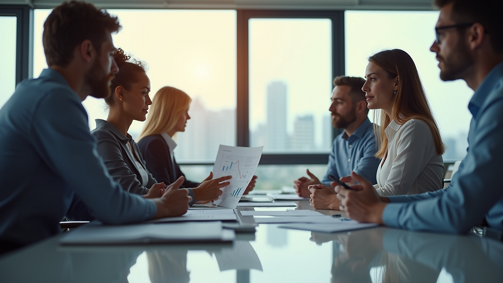 Eye-level view of a modern office meeting room with a sales team discussing charts