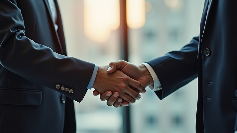 High angle view of a handshake sealing a software sales deal