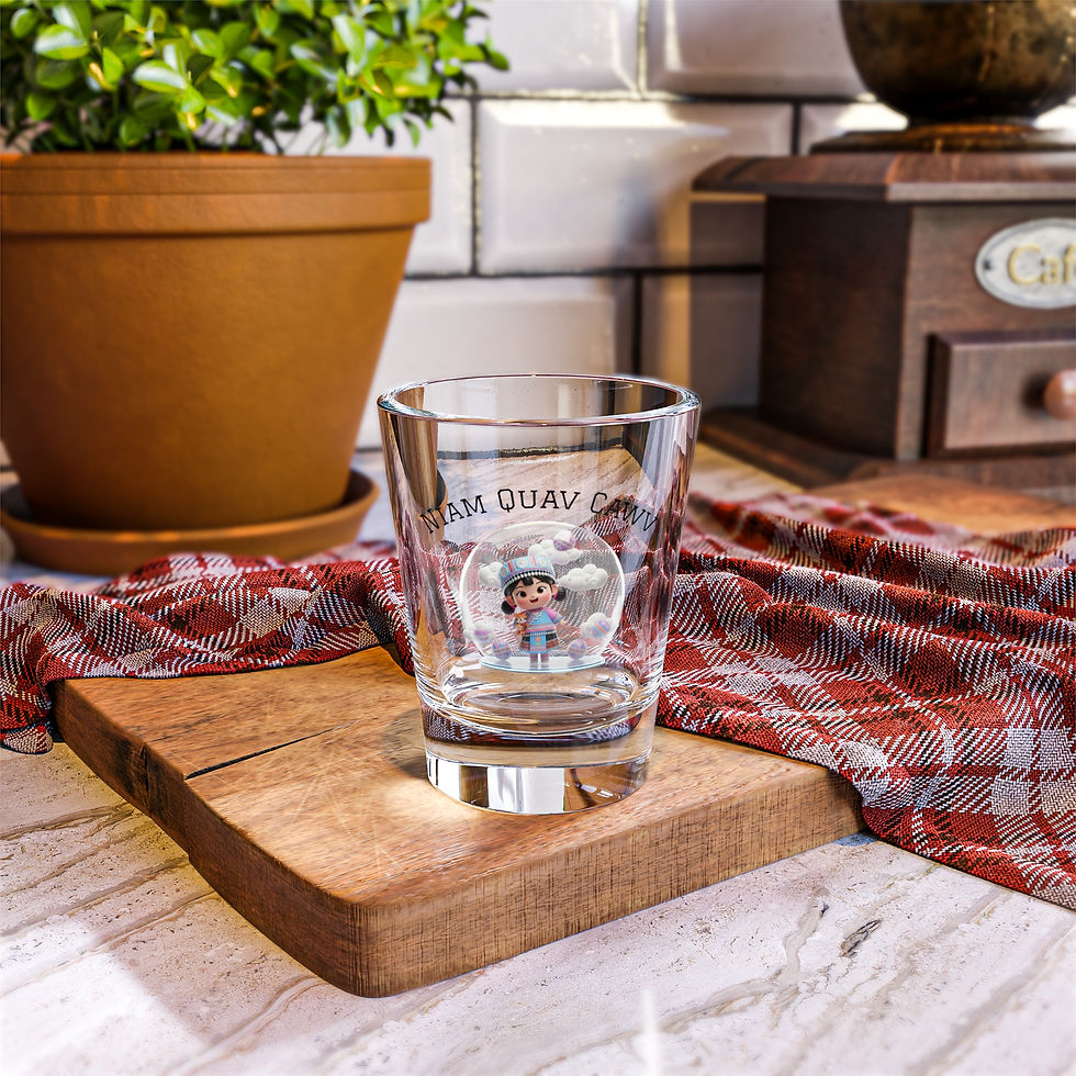Thumbnail: Cute Character Snow Globe Shot Glass — "Niam Quav Cawv" Novelty 1.5oz Gift
