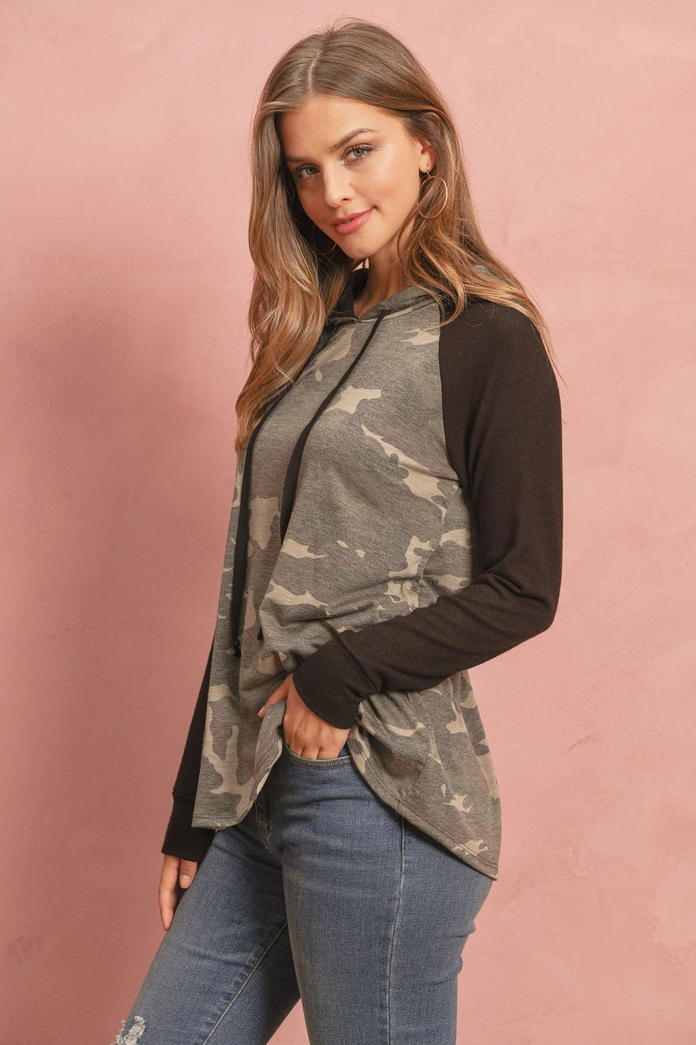 Thumbnail: Camouflage Hacci Sleeved Contrast Hoodie With Drawstrings