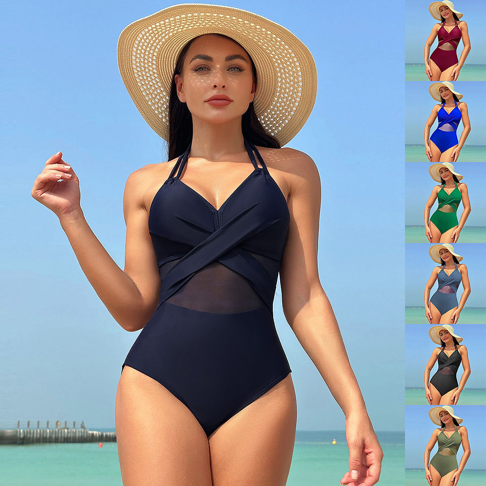 Halter-neck One-piece Swimsuit Summer Solid Color Cross-strap Design Mesh