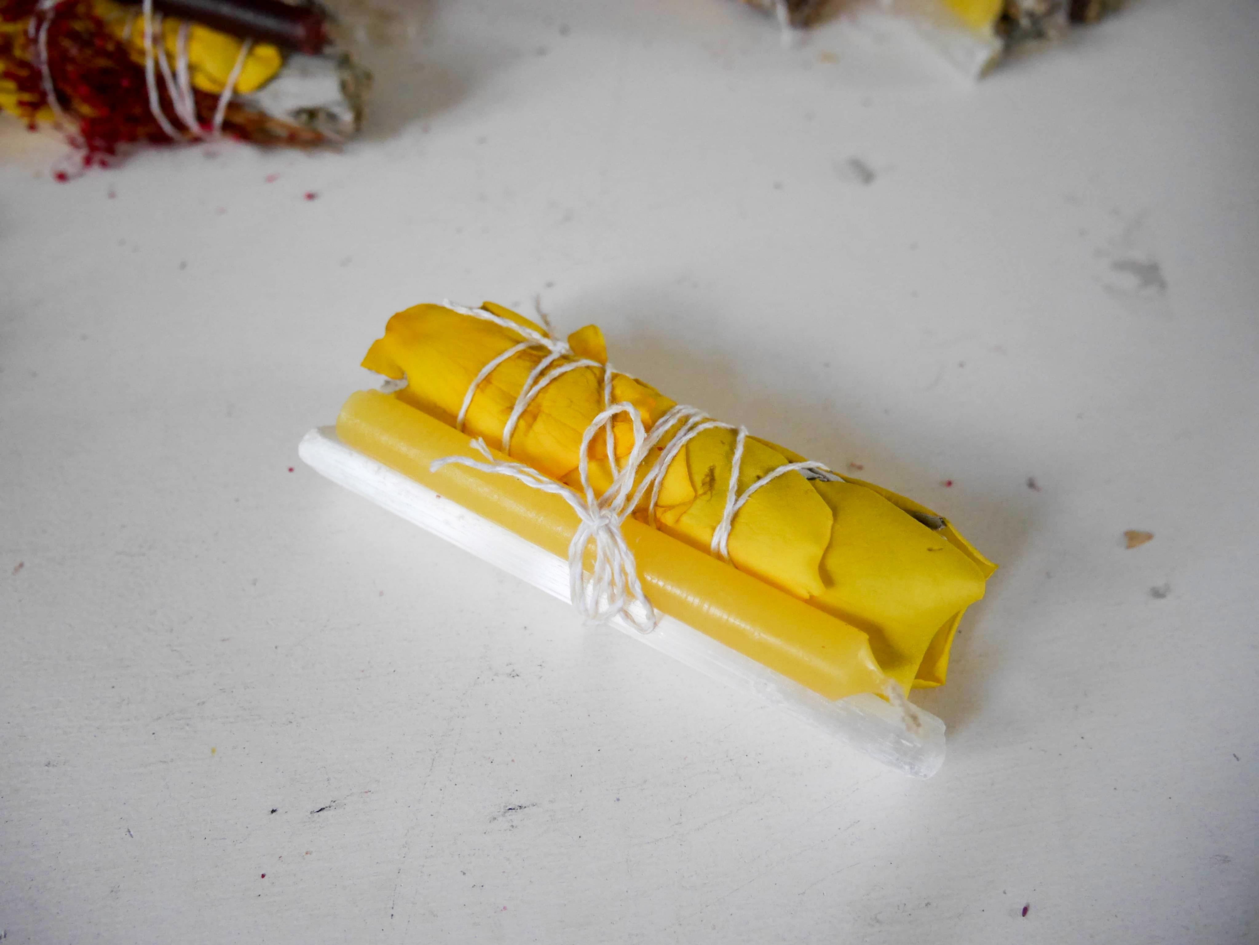 Golden Yellow Selenite Wand & Candle Sage Bundle