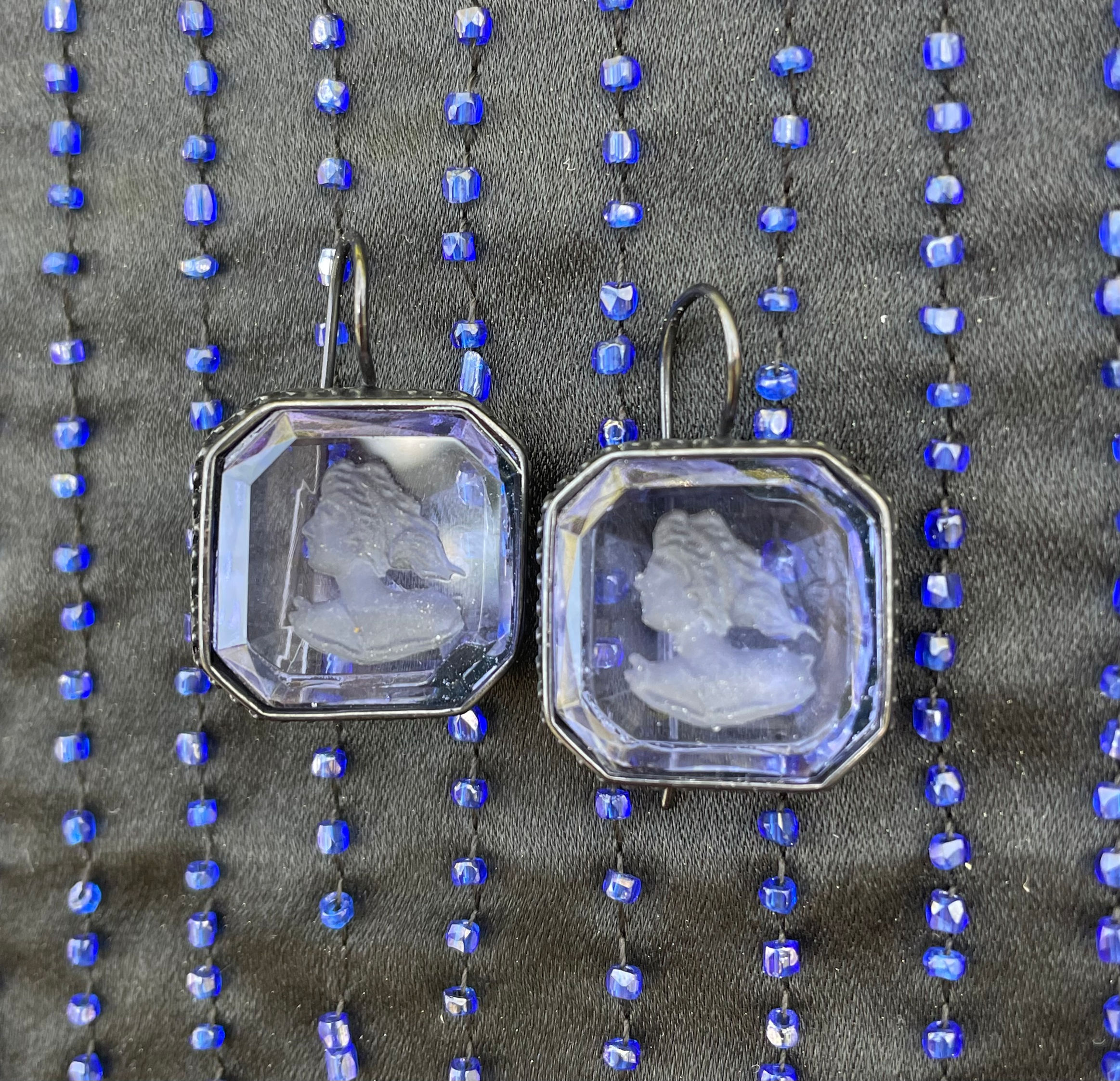 Sapphire Intaglio Jet Earrings