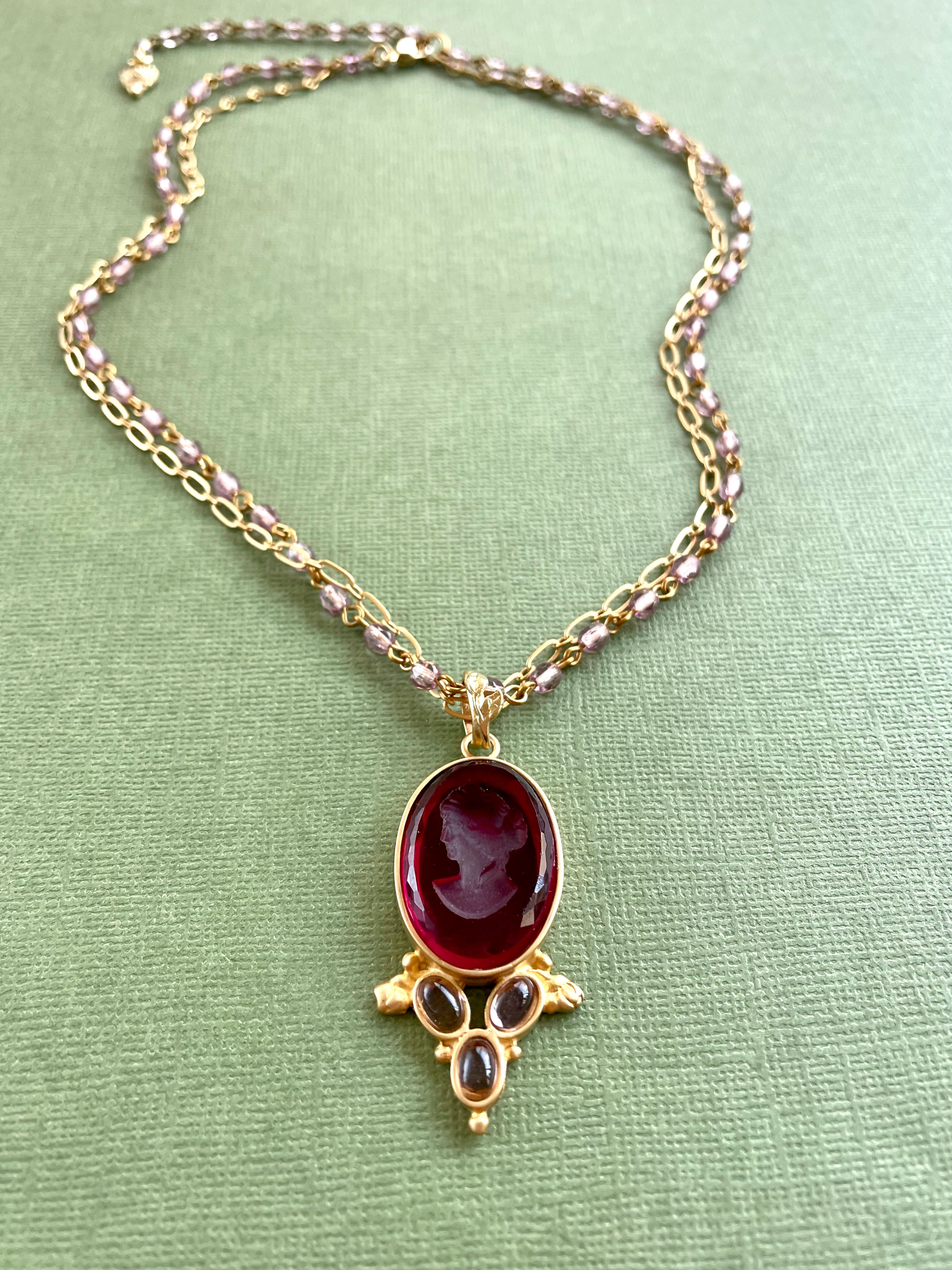 Fuchsia and Gold Intaglio Necklace