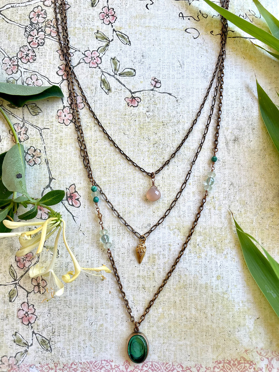 Thumbnail: Triple Strand Sea Foam Intaglio Necklace
