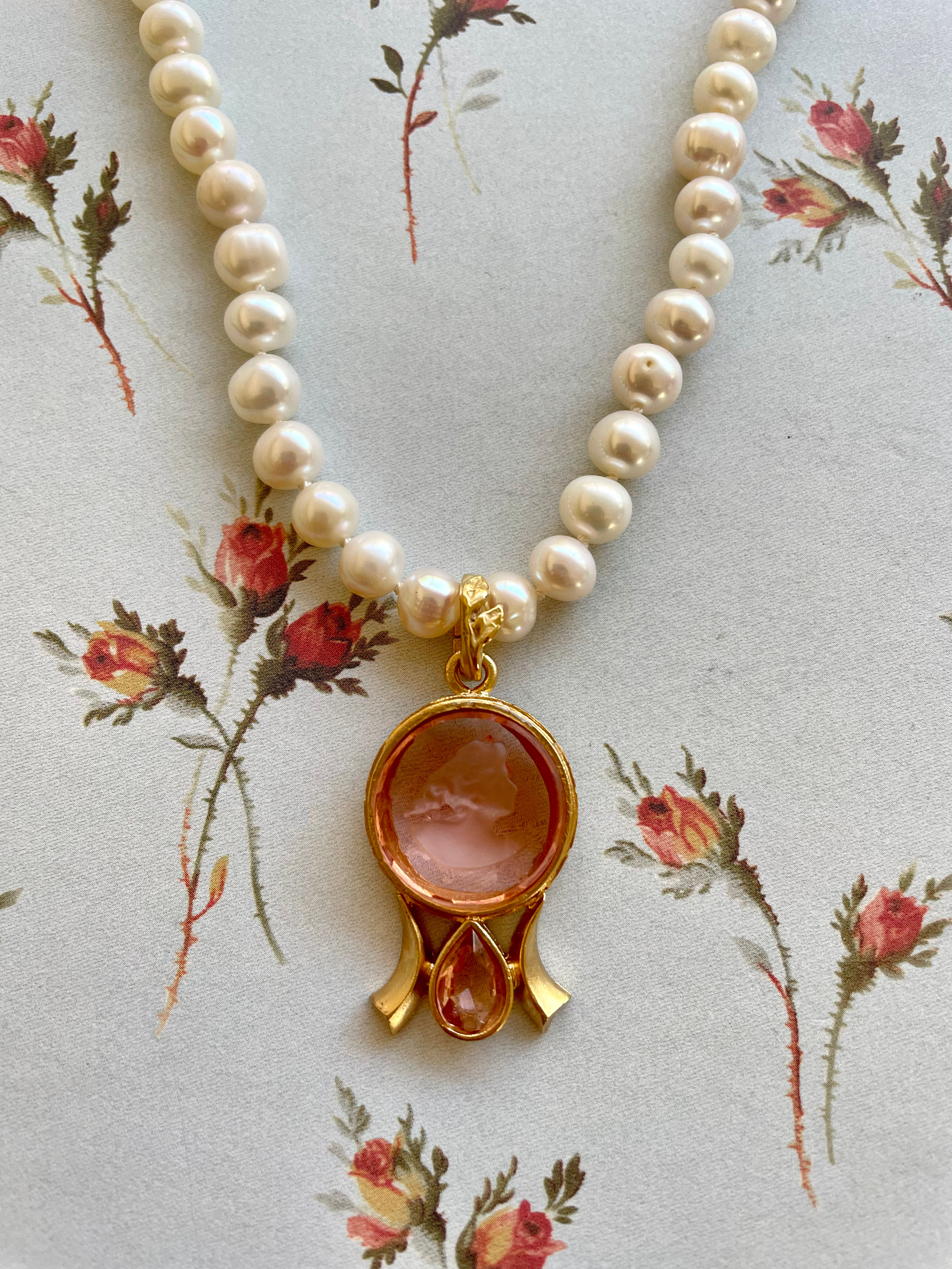 Peach & Pearl Intaglio Necklace