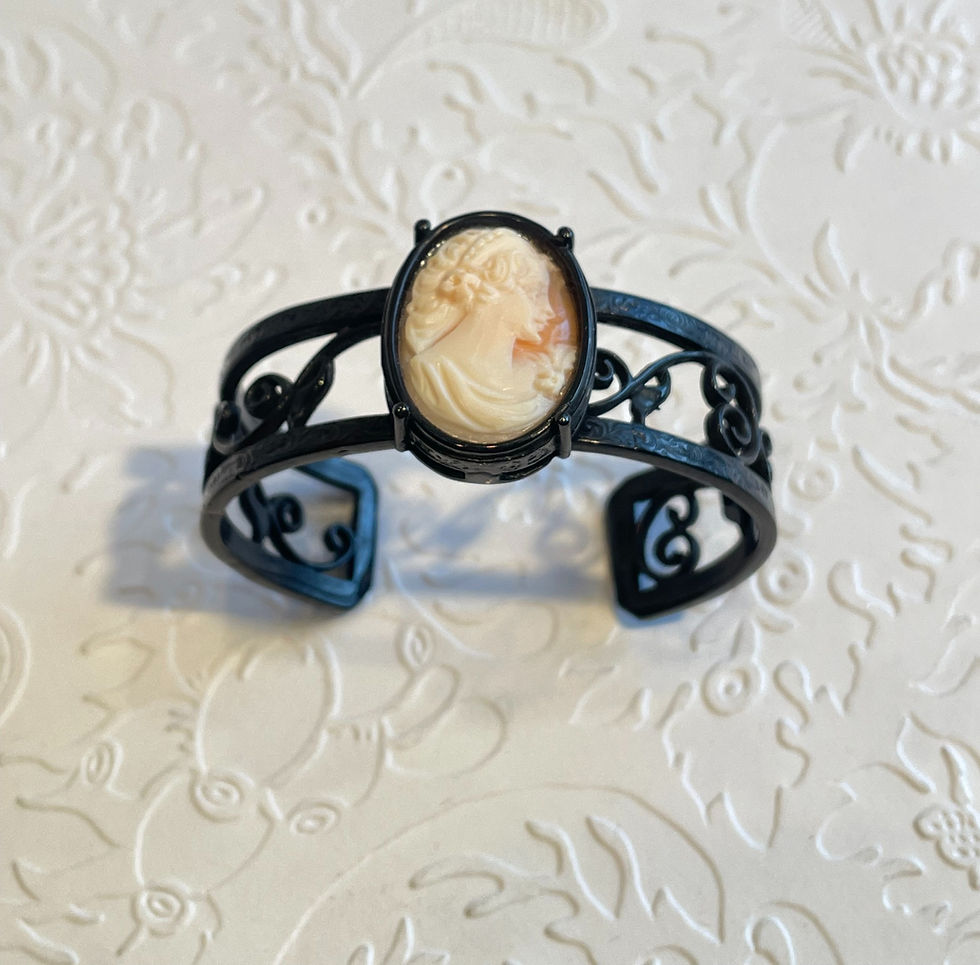 Thumbnail: Hand Carved Shell Cameo Cuff Bracelet in Jet Plate