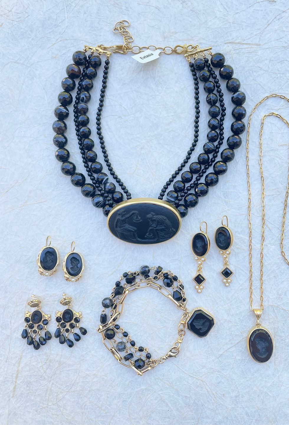 Thumbnail: Gilded Jet Intaglio Drop Earrings