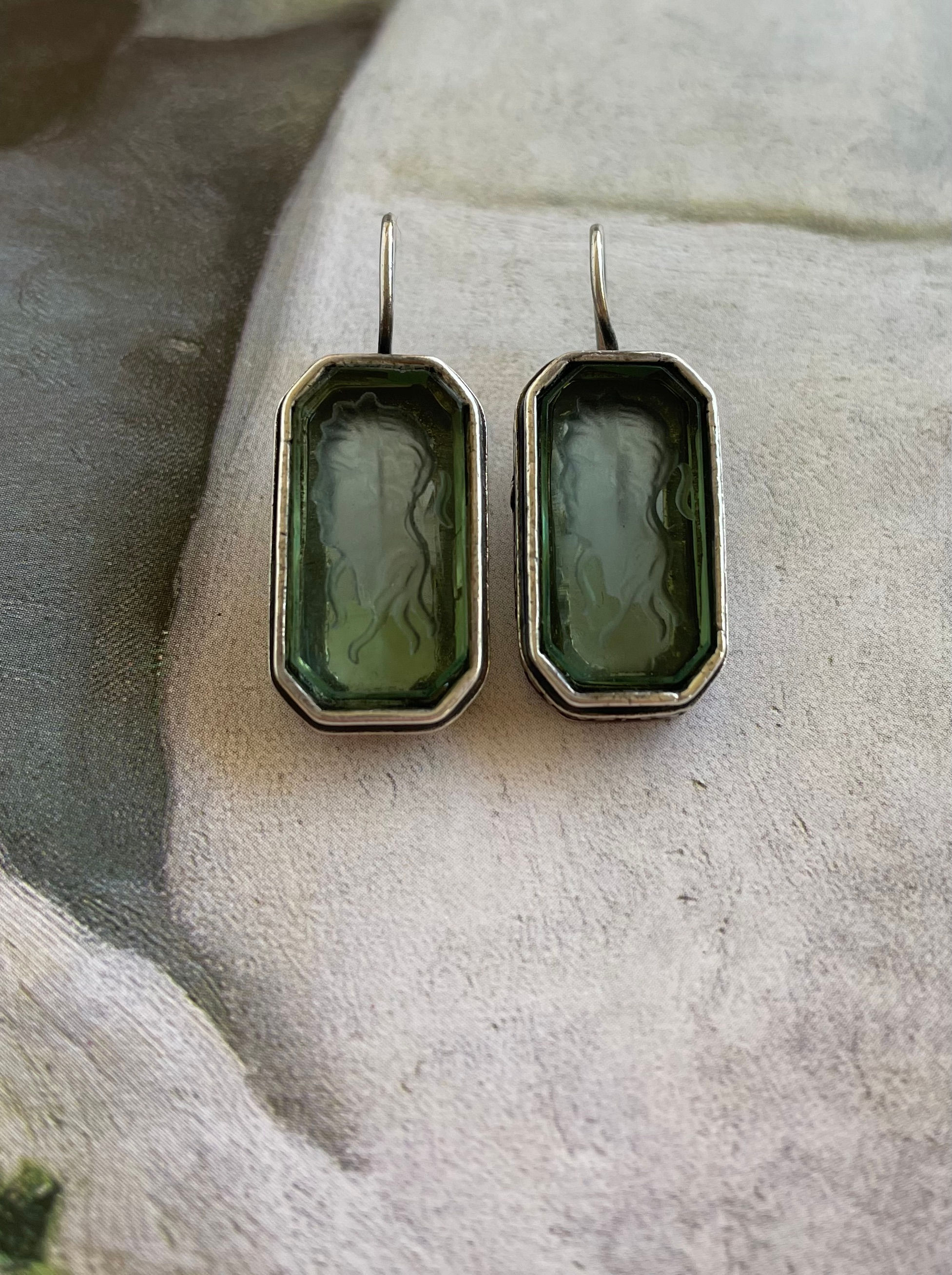 Tourmaline Glass Intaglio Silver Earrings