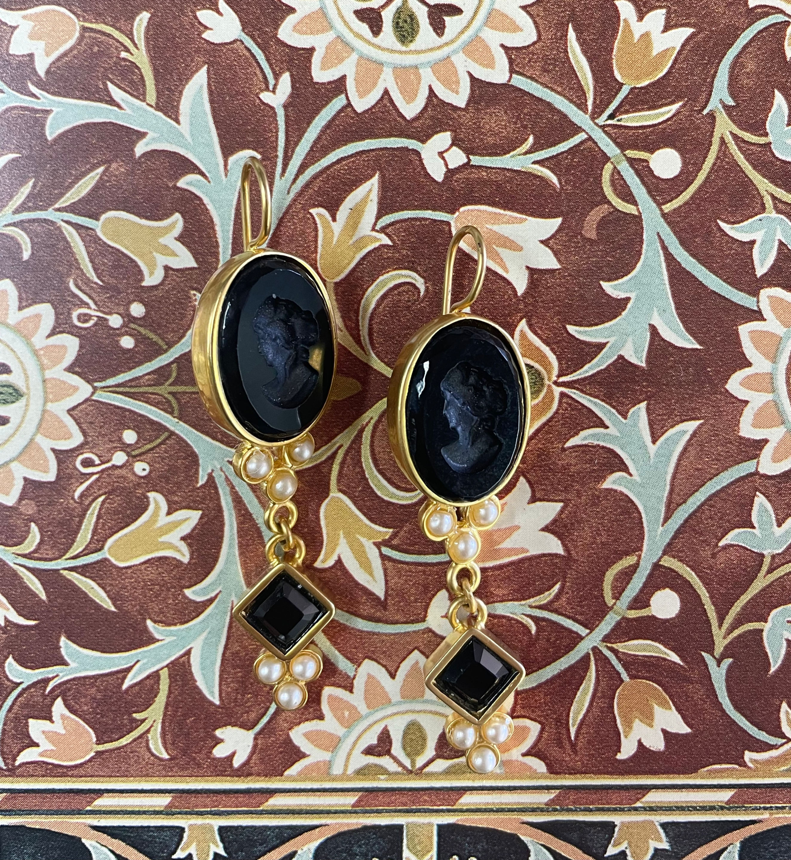 Gilded Jet Intaglio & Pearl Earrings