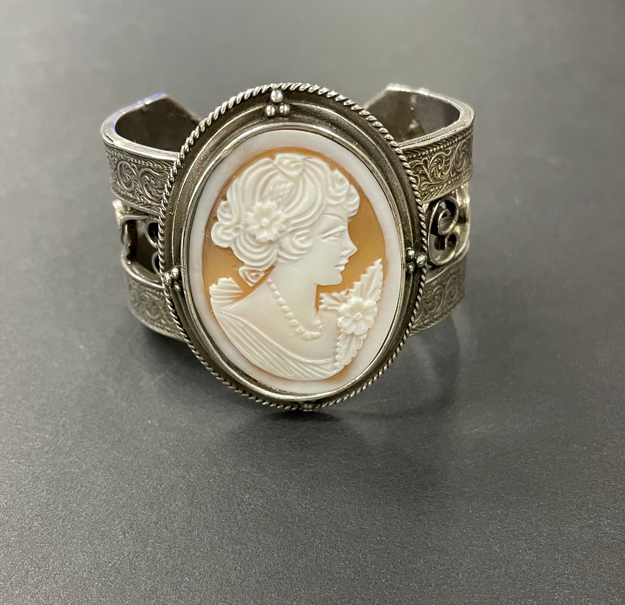 Portia Shell Cameo Silver Cuff Bracelet