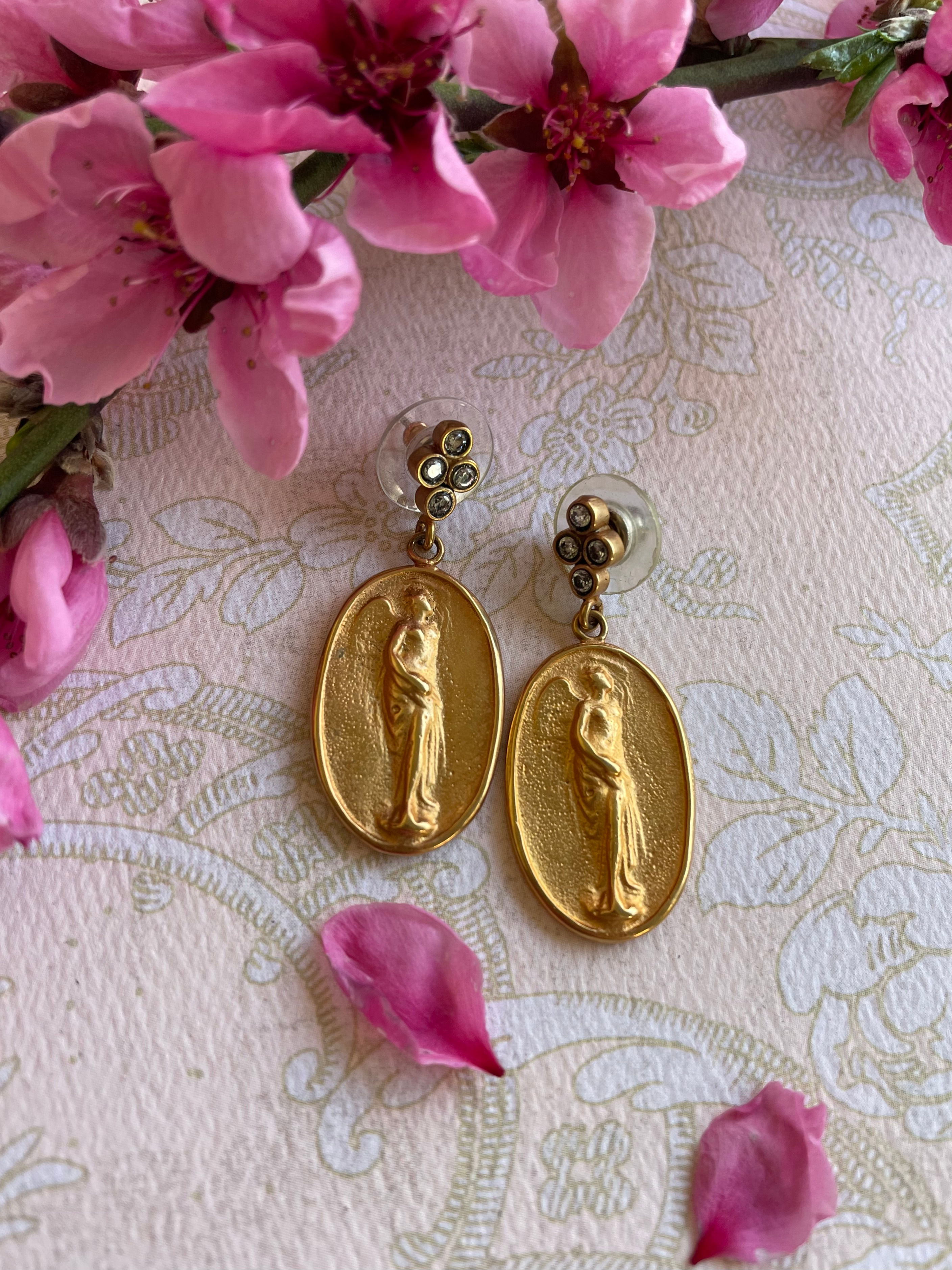 Gold Plate Goddess/Angel Metal Cameo Earrings