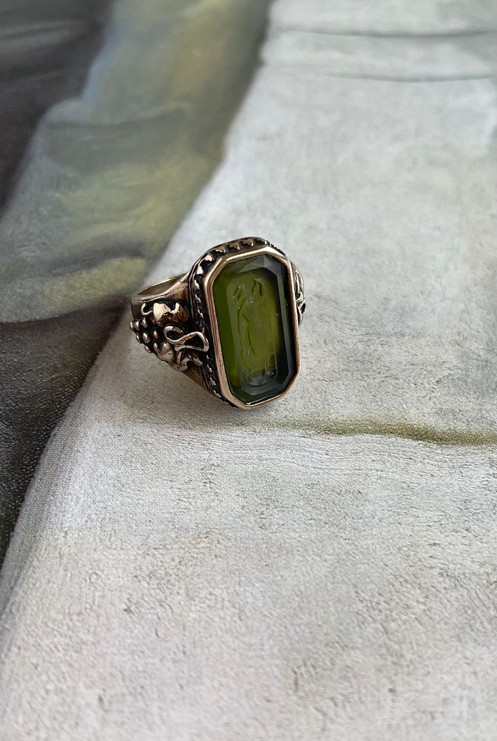 Olivine Octagon Intaglio Grape Ring Size 6