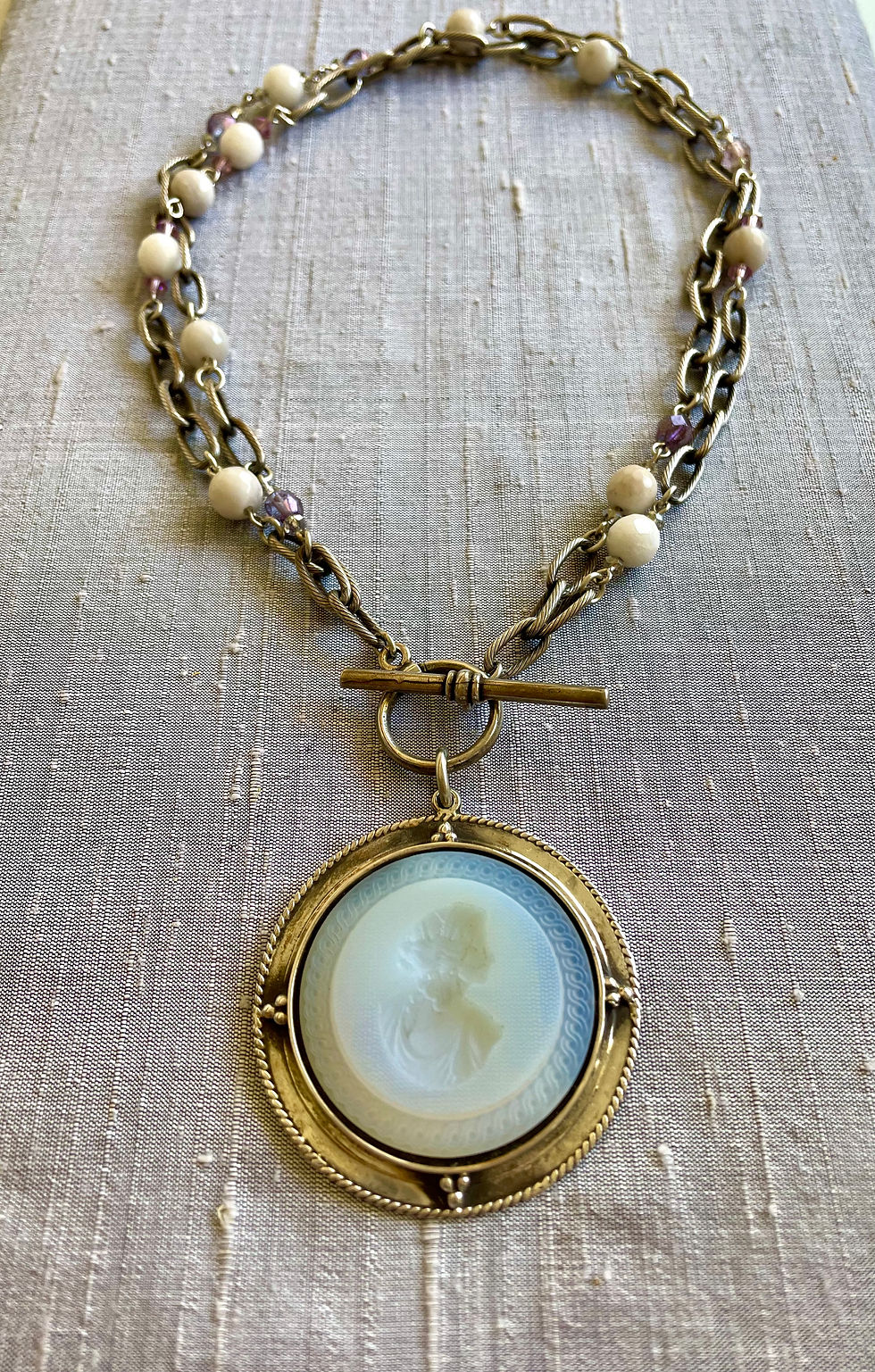 Thumbnail: Opalite Milk Glass Intaglio Convertible Silver Necklace