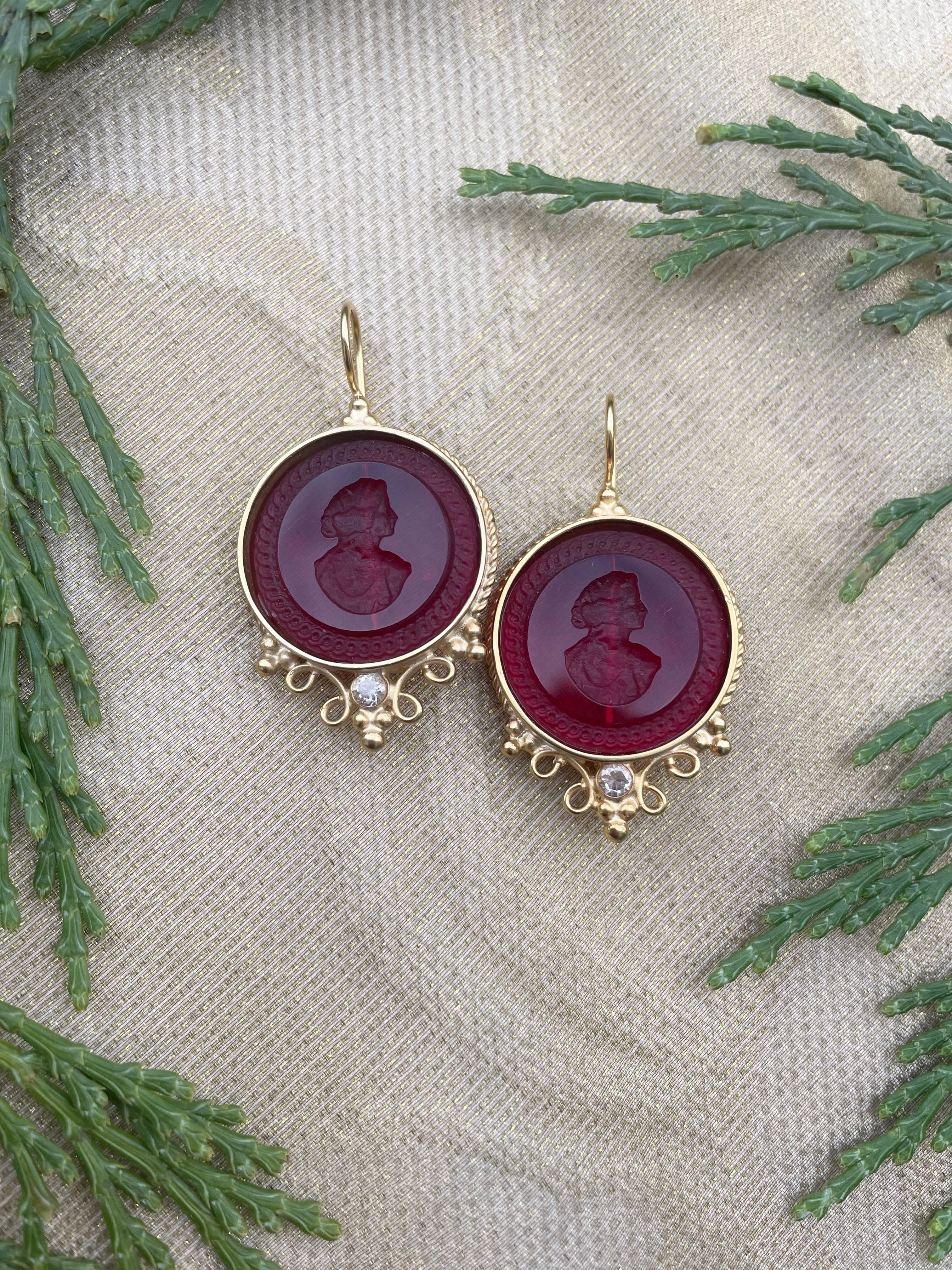 Cherry Red Intaglio Gold Plated Earrings
