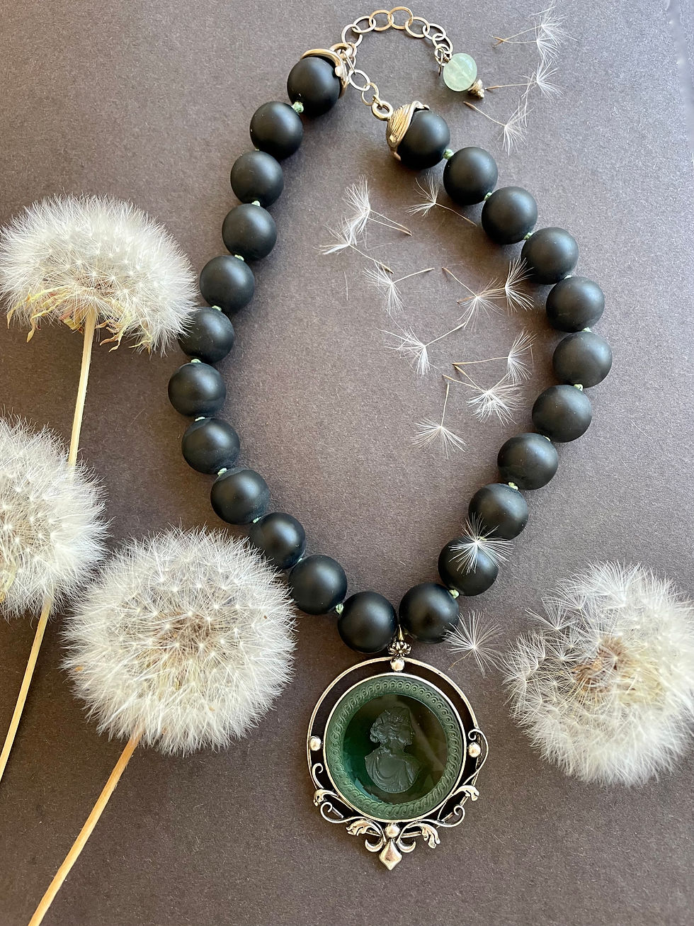 Victorian Garden Sea Foam Intaglio & Matte Jet Necklace