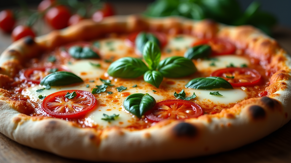 Close-up view of a woodfired Margherita pizza with fresh basil