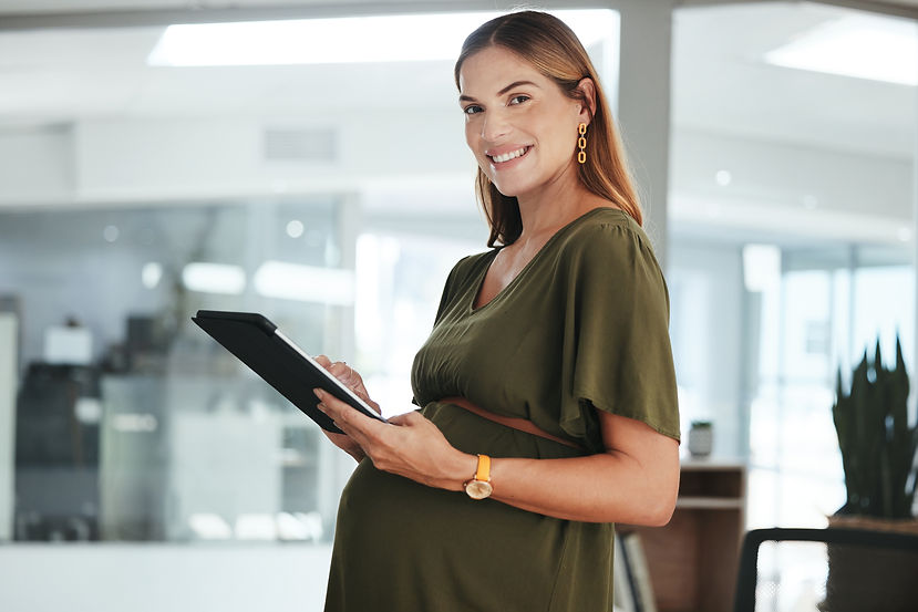 Portrait, tablet and a pregnant business woman in her office at the start of her maternity