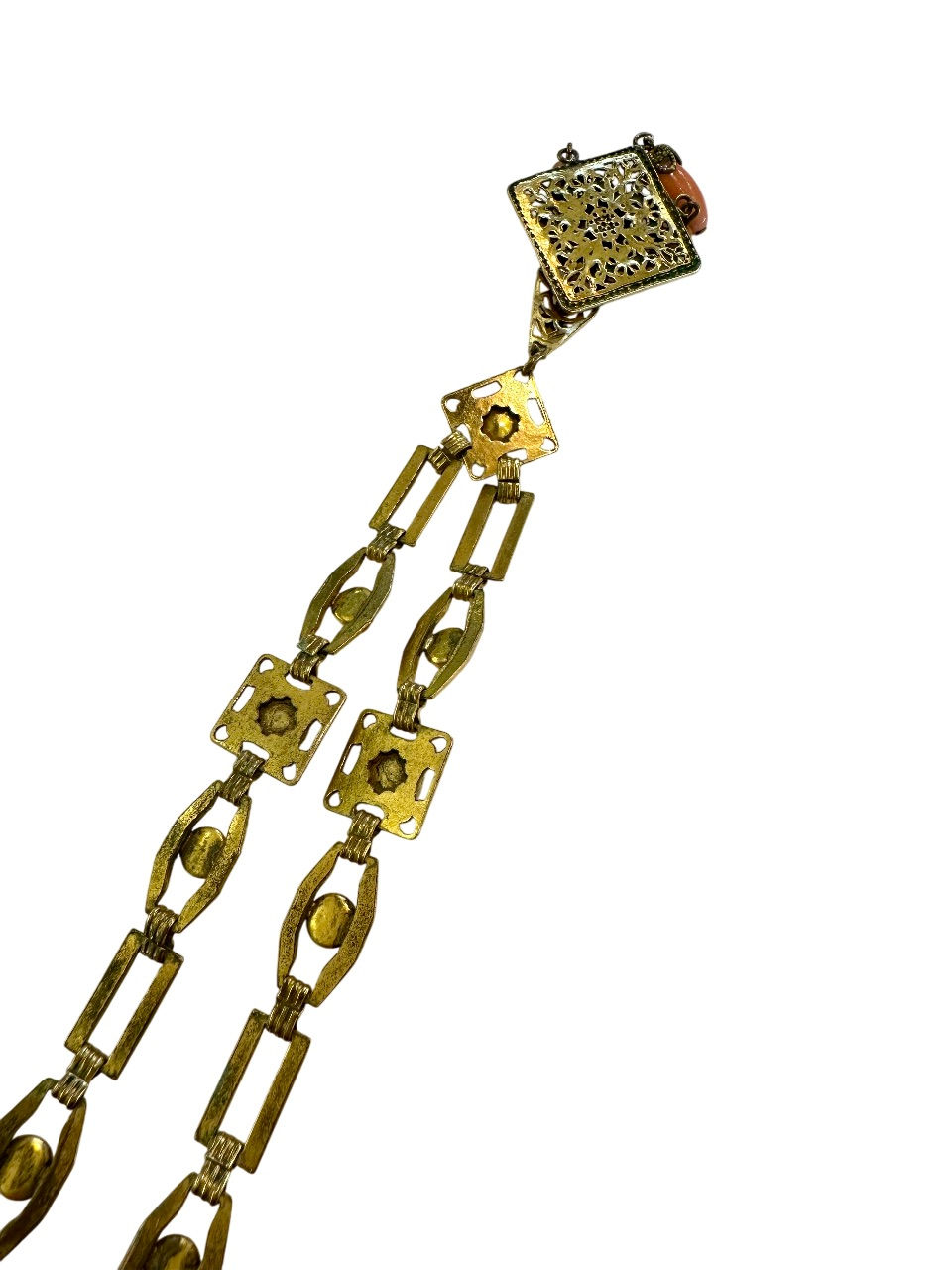 Thumbnail: 1920s Art Deco Czech Filigree Necklace with Celluloid Coral Roses