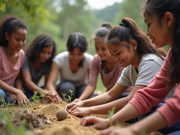 A diverse group of volunteers collaborating on a community project, showing teamwork, cult