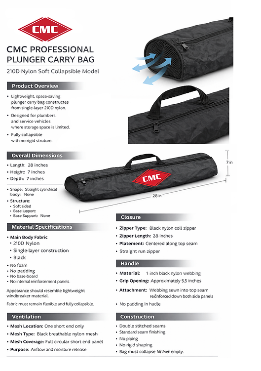 CMC professional plunger carry bag product specification sheet highlighting collapsible design, dimensions, and material features for plumbing professionals