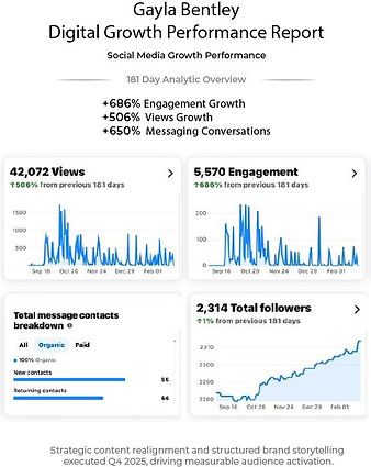 Gayla Bentley digital marketing performance report showing social media growth with increased engagement, views, and audience interaction over 181 days
